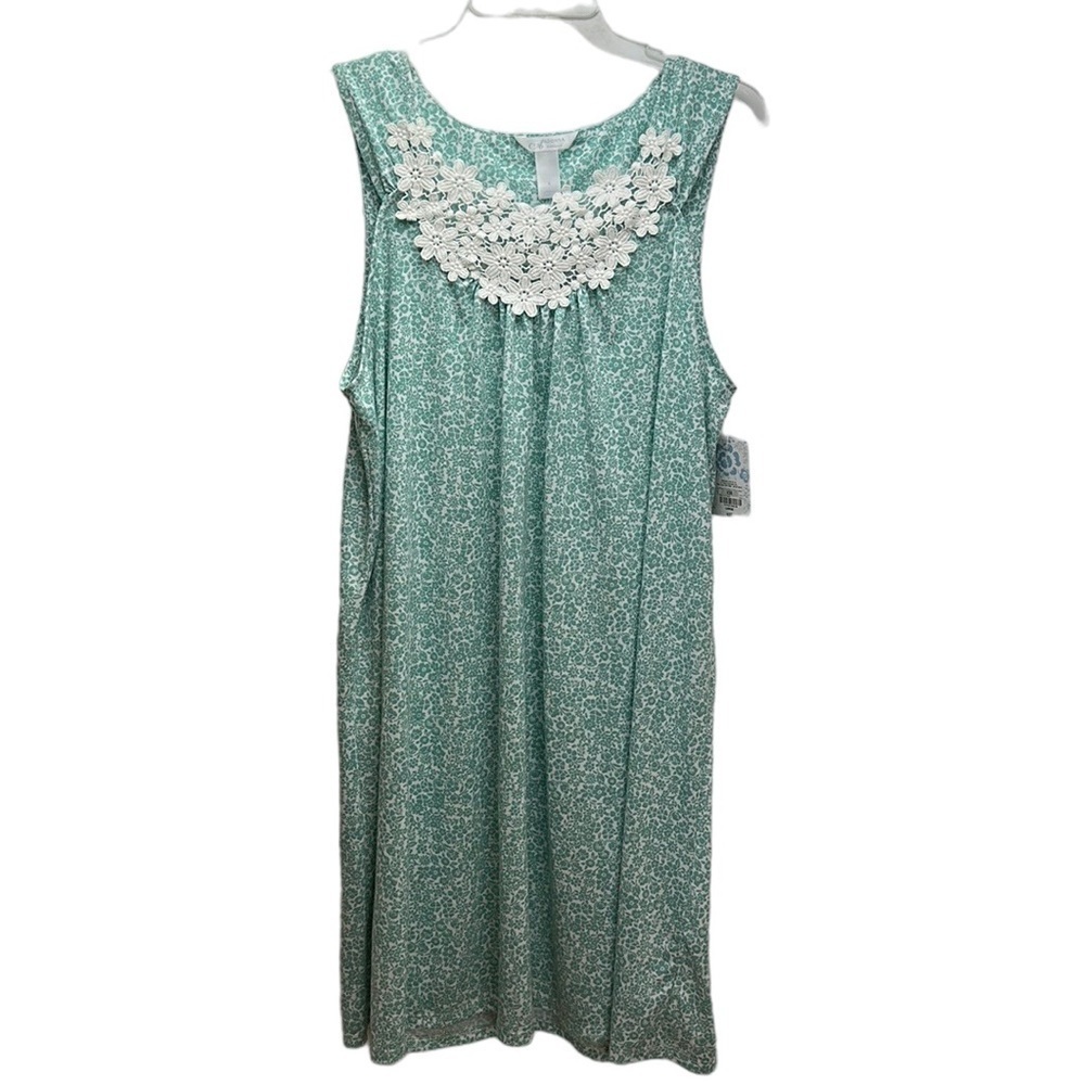 Adonna Fun Ditsy Floral Aqua Sleeveless Nightgown Sleepwear L‎ Embroidered Yoke